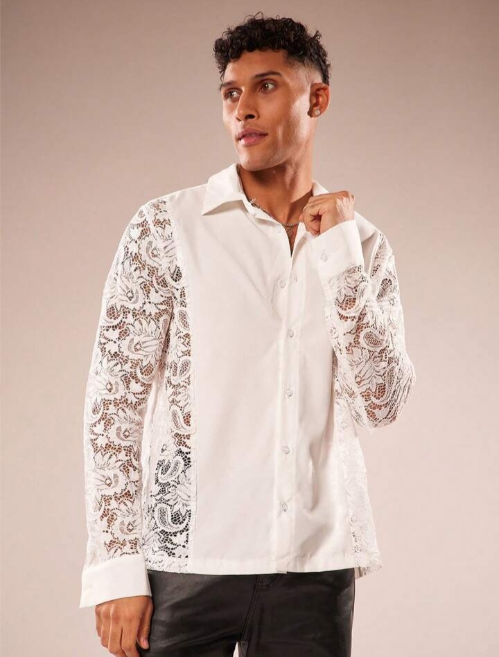 Men's Lace Hollow-Out Patchwork Long Sleeve Shirt